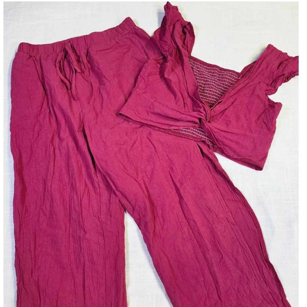 Unbranded Magenta Cotton Gauze 2 Piece Set Twist Crop Top Wide Leg Pants Womens